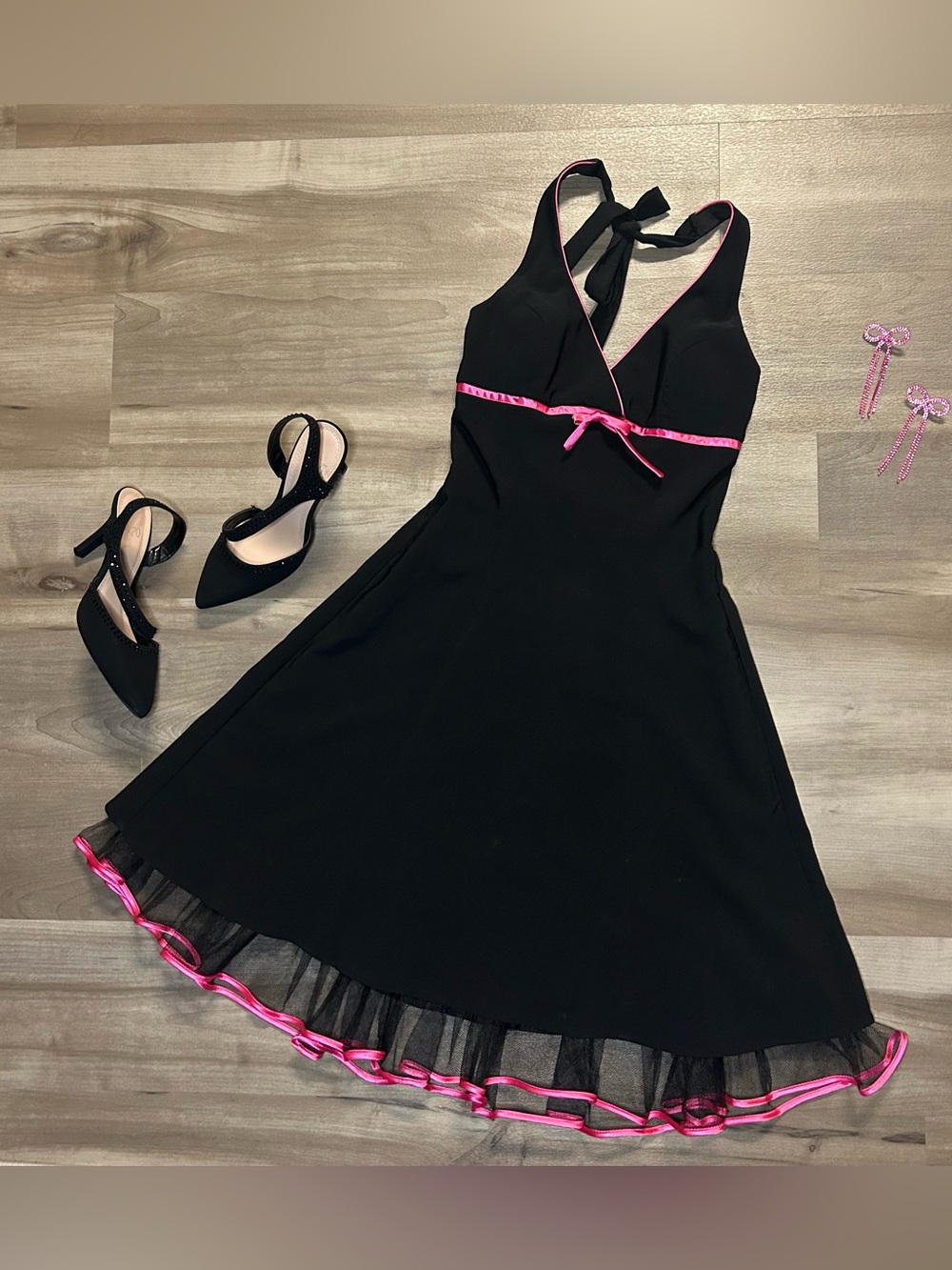 Steppin' Out Black Strapless Fit-and-Flare Dress with Pink Trim